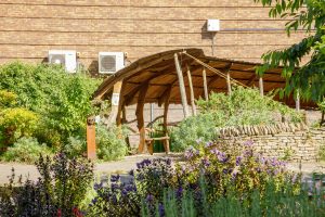 A wooden structure in a garden
